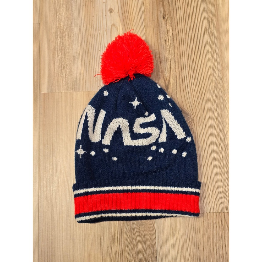 NASA Worm Logo Knit Beanie Navy Blue Red Pom Pom Winter Hat One Size